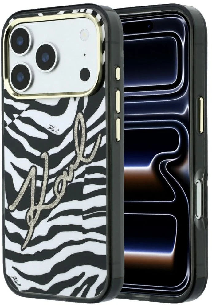 Karl Lagerfeld IML Signature Zebra Glitter MagSafe dėklas, skirtas iPhone 17 Pro Max / 18 Pro Max - Auksinė
