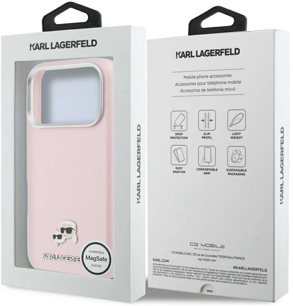 Dėklas Karl Lagerfeld Karl & Choupette Head Pins Saffiano MagSafe Case for iPhone 17 Pro - Rožinė