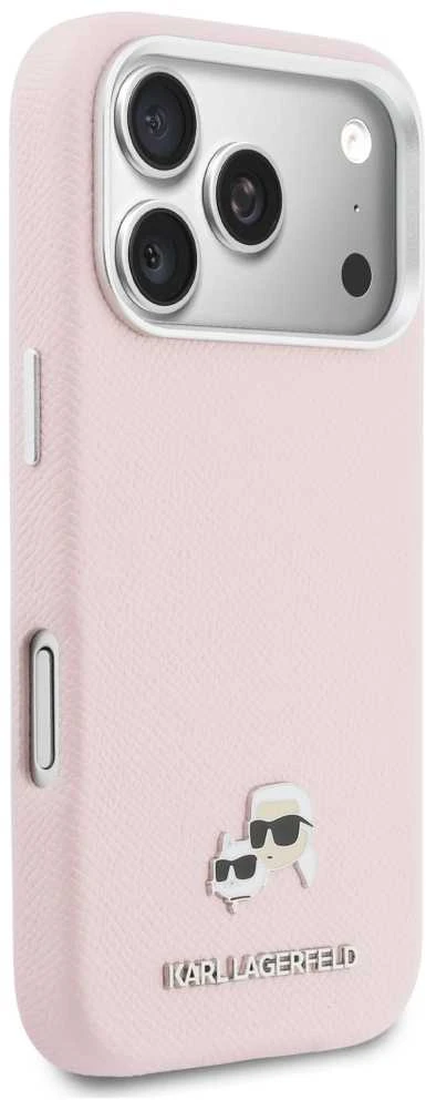 Dėklas Karl Lagerfeld Karl & Choupette Head Pins Saffiano MagSafe Case for iPhone 17 Pro Max - Rožinė