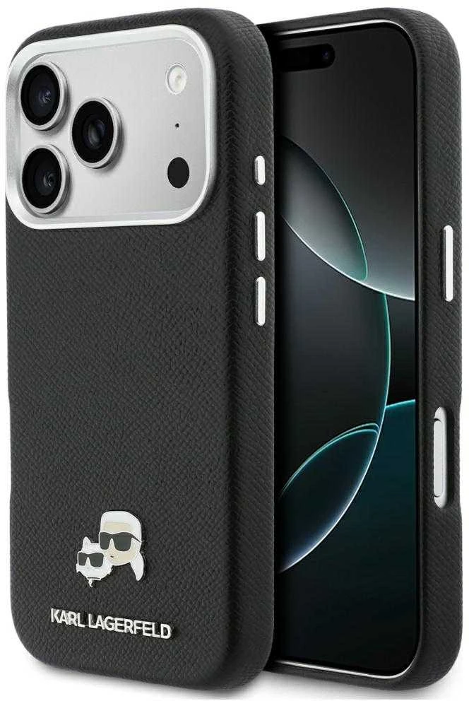 „Karl Lagerfeld Karl & Choupette Head Pins Saffiano MagSafe“ dėklas, skirtas „iPhone 17 Pro“ – Juodas