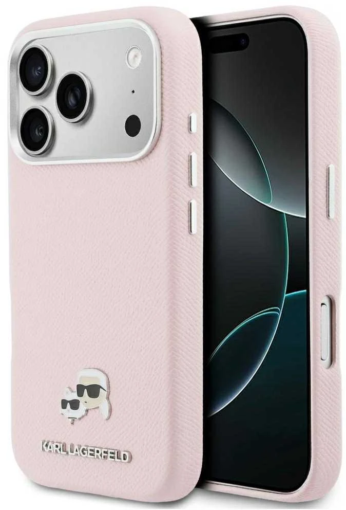 Dėklas Karl Lagerfeld Karl & Choupette Head Pins Saffiano MagSafe Case for iPhone 17 Pro Max - Rožinė