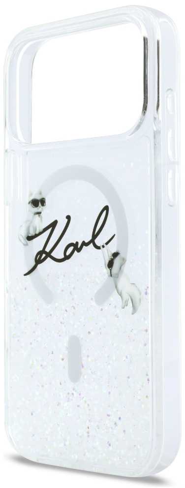 „Karl Lagerfeld“ skysto blizgučio „Karl Script“ logotipo „MagSafe“ dėklas, skirtas „iPhone 17 Pro Max“ – skaidrus
