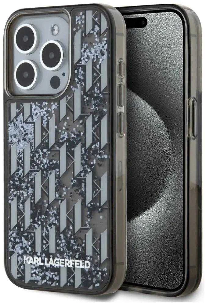 Dėklas Karl Lagerfeld Liquide Glitter Monogram Gradient Apple iPhone 15 Pro juodos spalvos