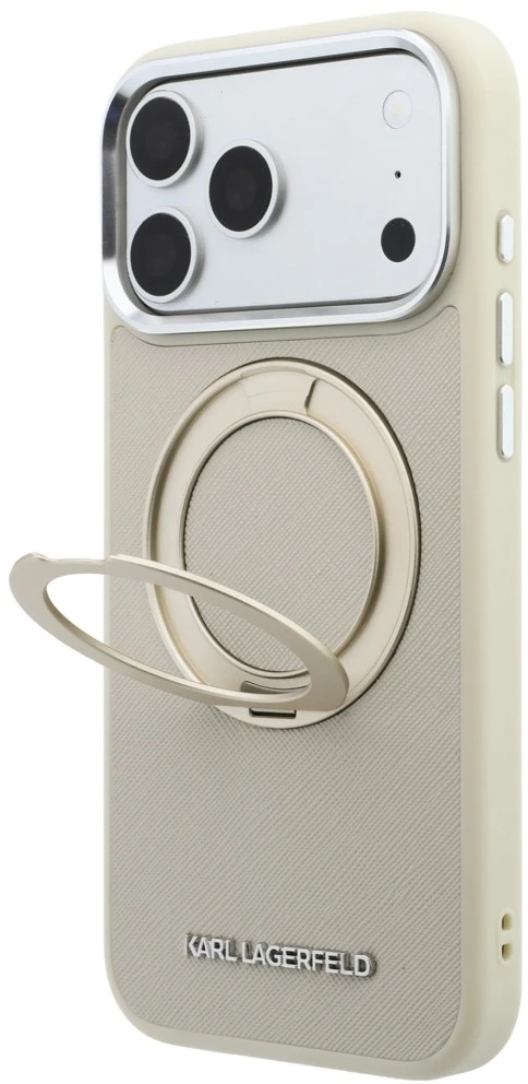 Karl Lagerfeld Ring Stand 360 Saffiano Classic Logo MagSafe dėklas iPhone 18 Pro Max / 17 Pro Max - rusvai gelsvas