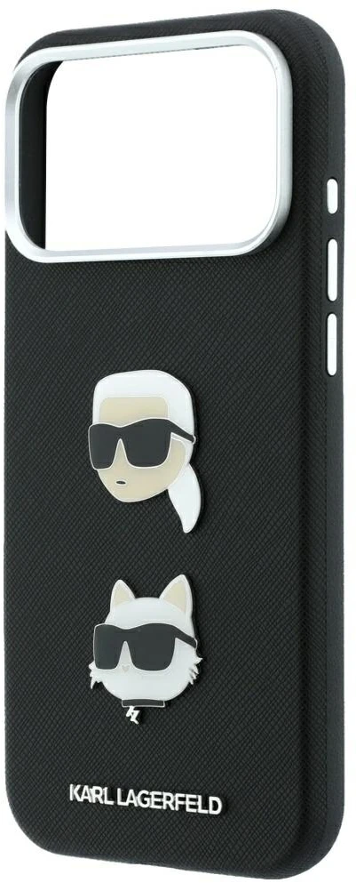 Dėklas Karl Lagerfeld Saffiano Case with Karl & Choupette Heads Pins & Logo for iPhone 18 Pro Max / 17 Pro Max - Juodas