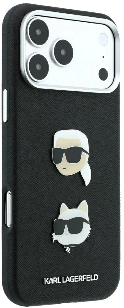 Dėklas Karl Lagerfeld Saffiano Case with Karl & Choupette Heads Pins & Logo for iPhone 18 Pro Max / 17 Pro Max - Juodas