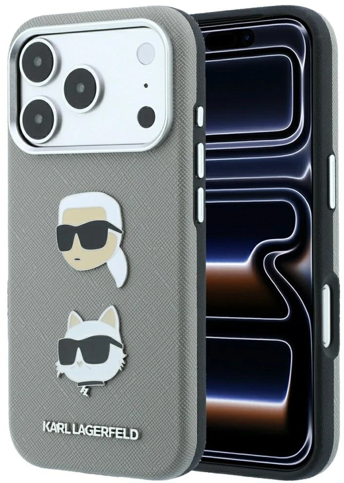 Karl Lagerfeld Saffiano dėklas su Karl & Choupette galvų smeigtukais ir logotipu, skirtas iPhone 18 Pro / 17 Pro - Pilkas