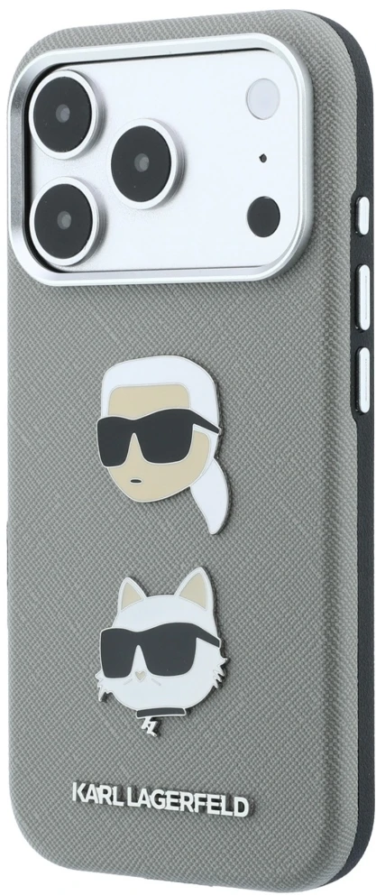 Karl Lagerfeld Saffiano dėklas su Karl & Choupette galvų smeigtukais ir logotipu, skirtas iPhone 18 Pro / 17 Pro - Pilkas