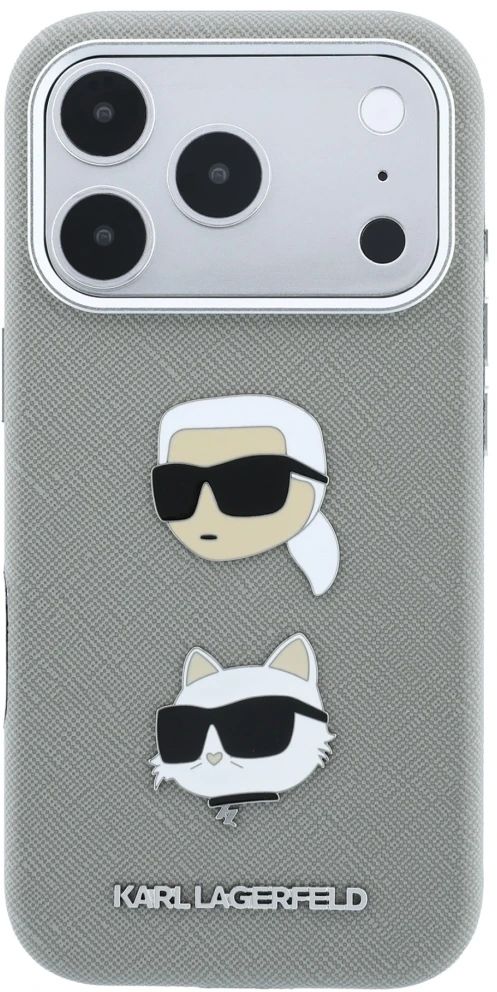 Karl Lagerfeld Saffiano dėklas su Karl & Choupette galvų smeigtukais ir logotipu, skirtas iPhone 18 Pro / 17 Pro - Pilkas
