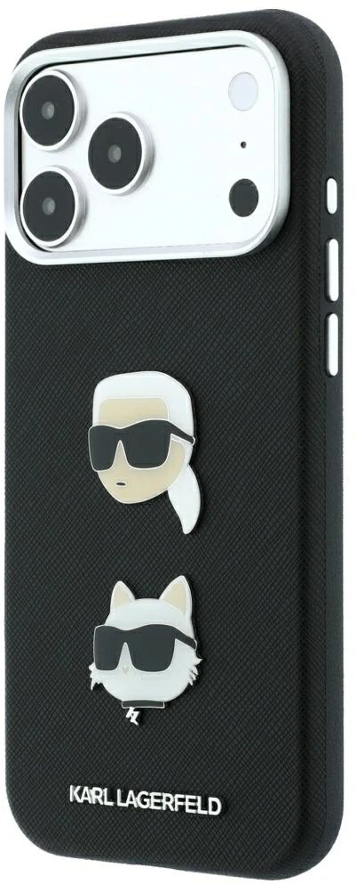 Dėklas Karl Lagerfeld Saffiano Case with Karl & Choupette Heads Pins & Logo for iPhone 18 Pro Max / 17 Pro Max - Juodas