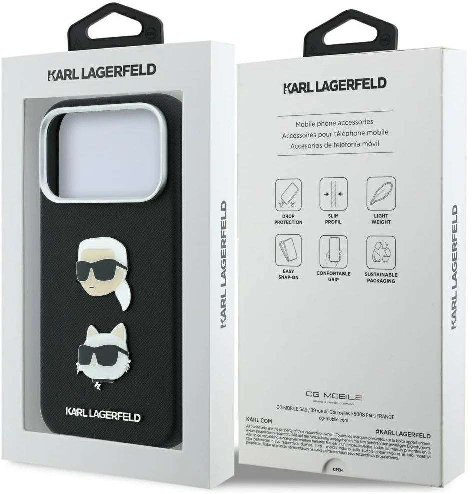 Dėklas Karl Lagerfeld Saffiano Case with Karl & Choupette Heads Pins & Logo for iPhone 18 Pro Max / 17 Pro Max - Juodas