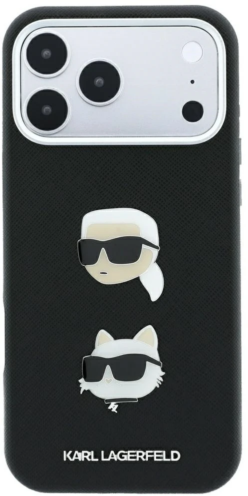 Dėklas Karl Lagerfeld Saffiano Case with Karl & Choupette Heads Pins & Logo for iPhone 18 Pro Max / 17 Pro Max - Juodas