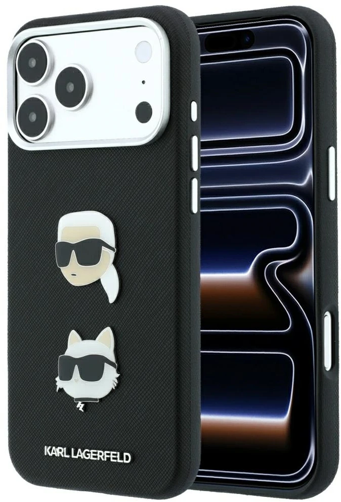 Dėklas Karl Lagerfeld Saffiano Case with Karl & Choupette Heads Pins & Logo for iPhone 18 Pro Max / 17 Pro Max - Juodas