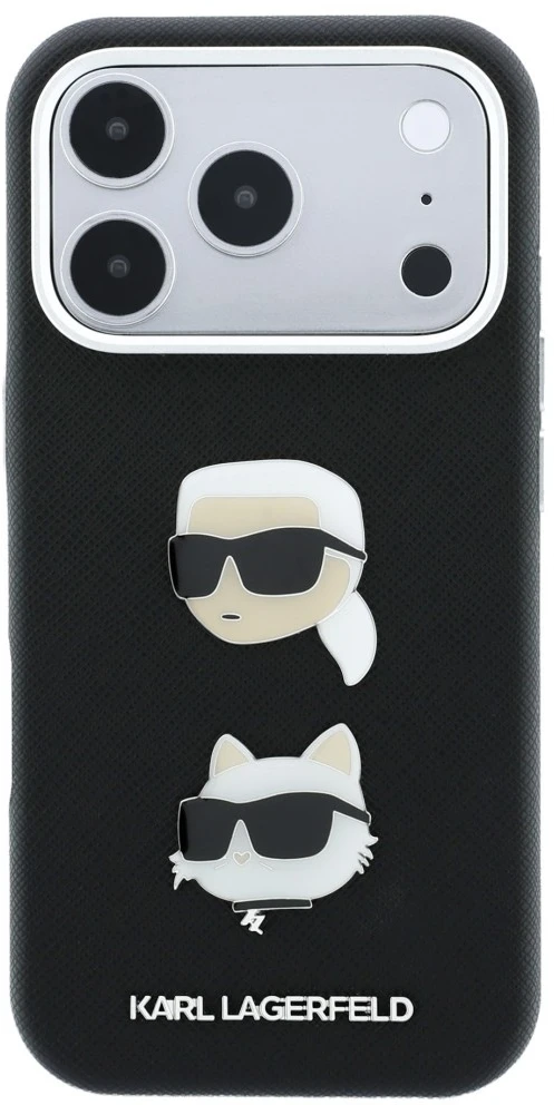 Karl Lagerfeld Saffiano Karl&Choupette Heads Pins Strap Logo dėklas iPhone 18 Pro / 17 Pro - Juodas