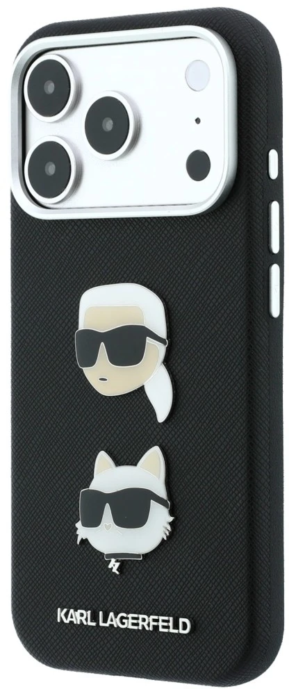Karl Lagerfeld Saffiano Karl&Choupette Heads Pins Strap Logo dėklas iPhone 18 Pro / 17 Pro - Juodas