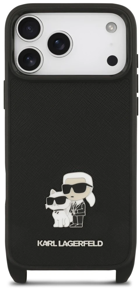 Karl Lagerfeld Saffiano Crossbody dirželis Karl and Choupette dėklas iPhone 18 Pro Max juodas