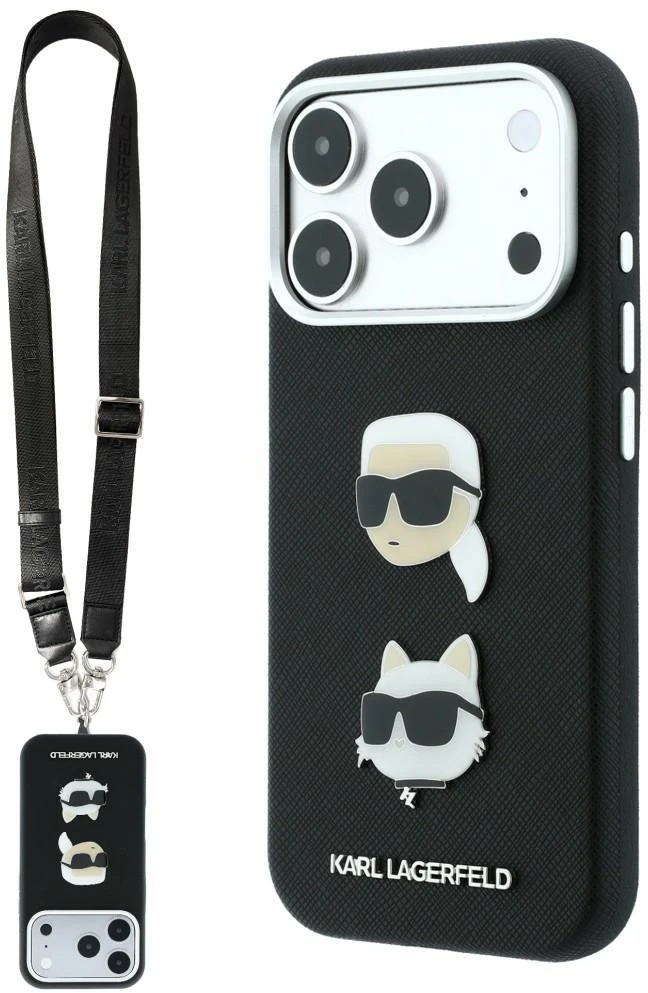 Karl Lagerfeld Saffiano Karl&Choupette Heads Pins Strap Logo dėklas iPhone 18 Pro / 17 Pro - Juodas