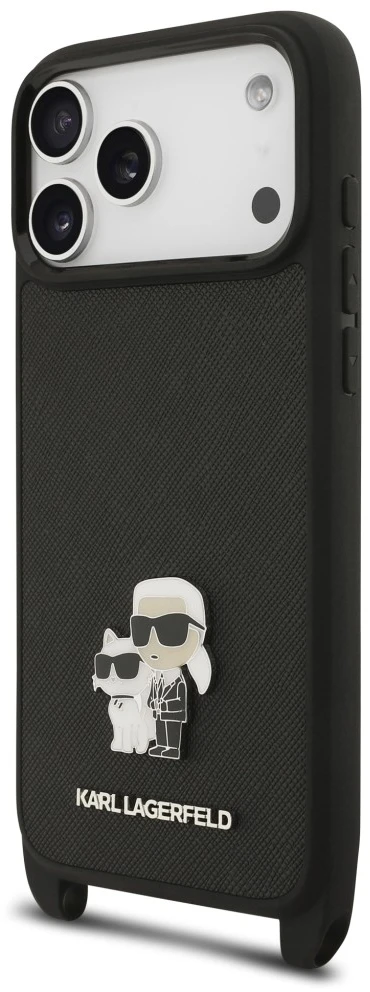 Karl Lagerfeld Saffiano Crossbody dirželis Karl and Choupette dėklas iPhone 18 Pro Max juodas