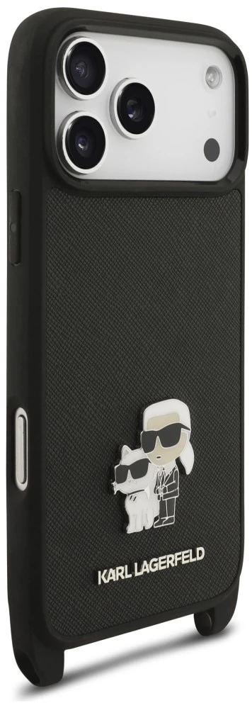 Karl Lagerfeld Saffiano Crossbody dirželis Karl and Choupette dėklas iPhone 18 Pro Max juodas