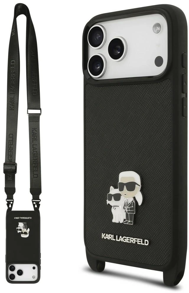 Karl Lagerfeld Saffiano Crossbody dirželis Karl and Choupette dėklas iPhone 18 Pro Max juodas