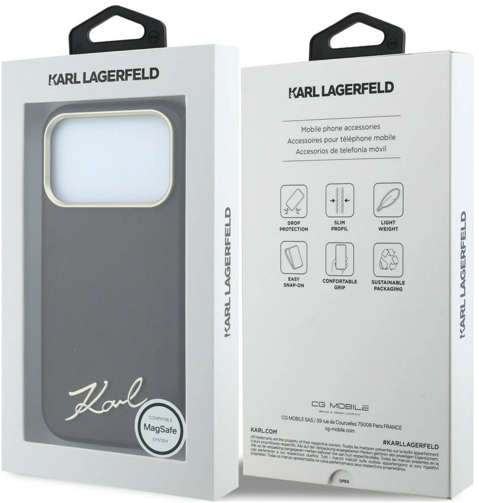 Karl Lagerfeld Saffiano Small Script Metal Logo MagSafe dėklas, skirtas iPhone 17 Pro / 18 Pro - bordo