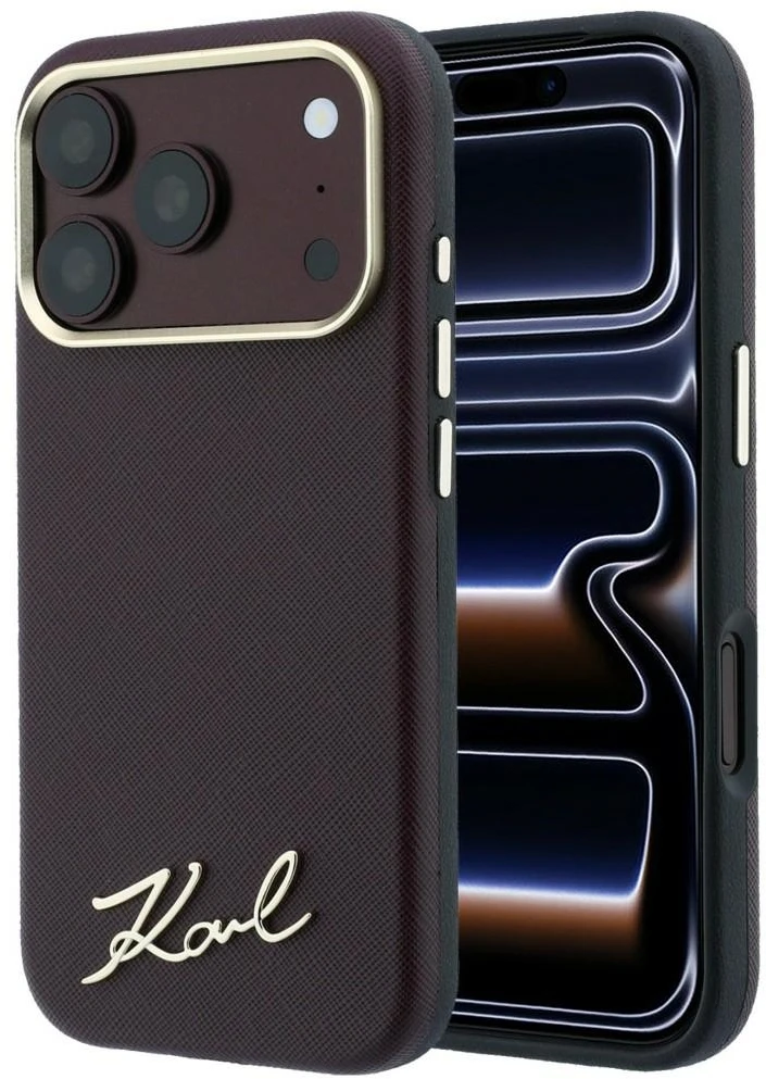 Karl Lagerfeld Saffiano Small Script Metal Logo MagSafe dėklas, skirtas iPhone 17 Pro / 18 Pro - bordo