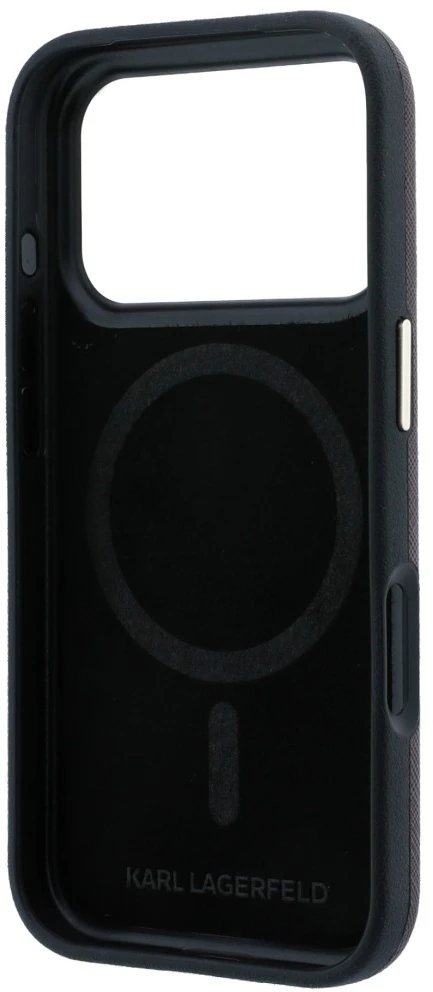 Karl Lagerfeld Saffiano Small Script Metal Logo MagSafe dėklas, skirtas iPhone 17 Pro / 18 Pro - bordo