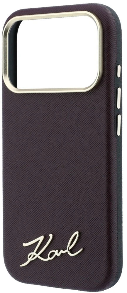 Karl Lagerfeld Saffiano Small Script Metal Logo MagSafe dėklas, skirtas iPhone 17 Pro / 18 Pro - bordo