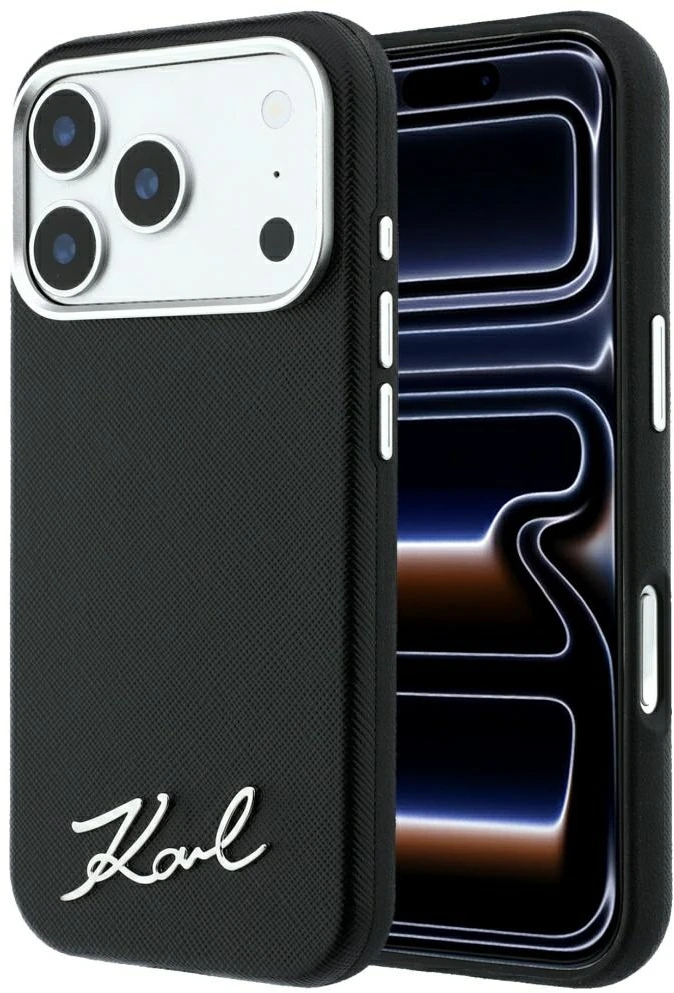 Karl Lagerfeld Saffiano Small Script Metal Logo MagSafe dėklas iPhone 18 Pro / 17 Pro - Juodas