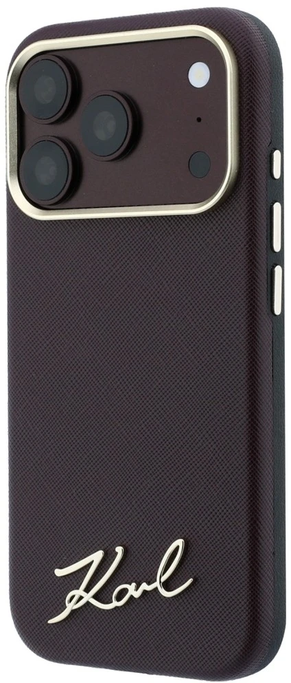 Karl Lagerfeld Saffiano Small Script Metal Logo MagSafe dėklas, skirtas iPhone 17 Pro / 18 Pro - bordo