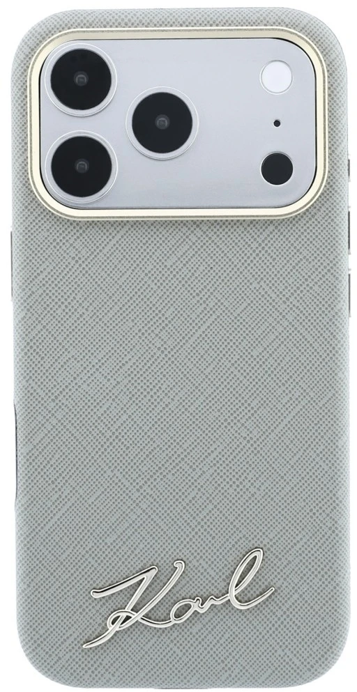 Karl Lagerfeld Saffiano Small Script Metal Logo MagSafe dėklas iPhone 17 Pro Max / 18 Pro Max - rusvai gelsvas