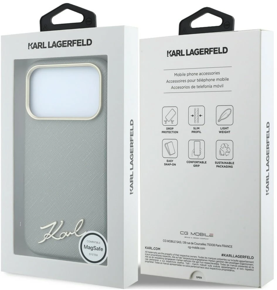 Karl Lagerfeld Saffiano Small Script Metal Logo MagSafe dėklas iPhone 17 Pro Max / 18 Pro Max - rusvai gelsvas