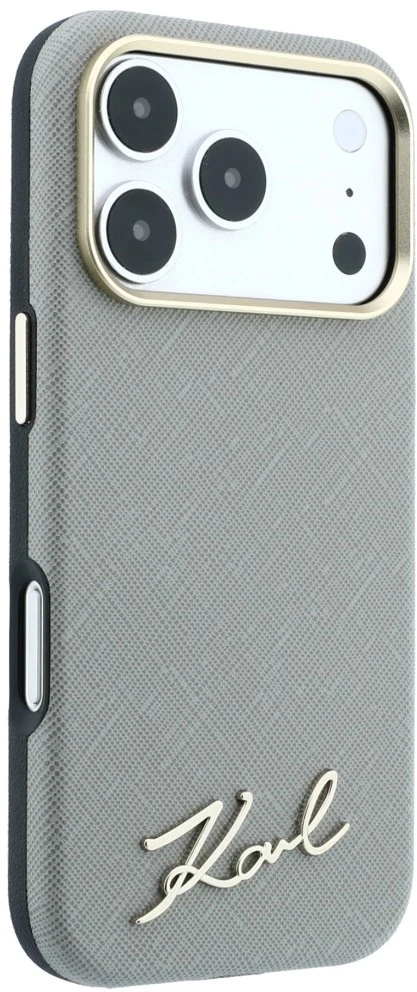 Karl Lagerfeld Saffiano Small Script Metal Logo MagSafe dėklas iPhone 17 Pro Max / 18 Pro Max - rusvai gelsvas