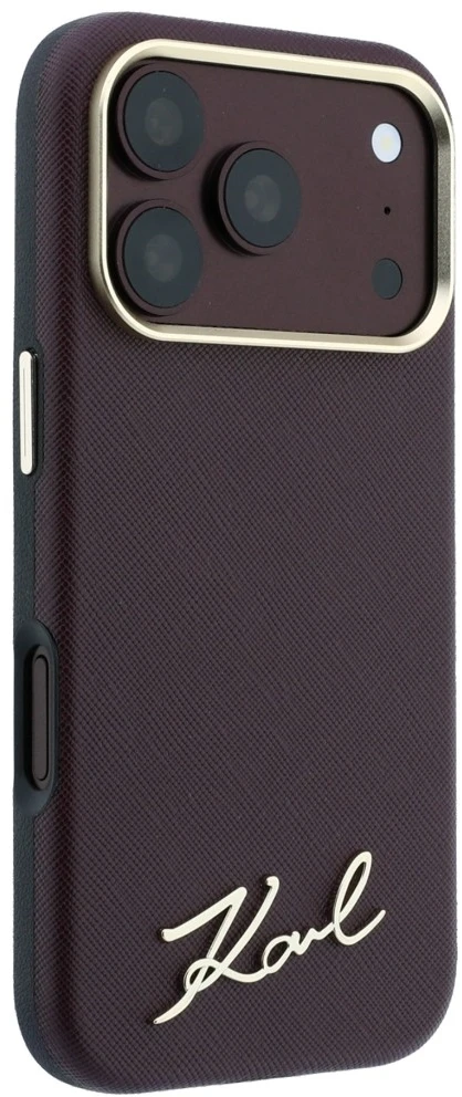 Karl Lagerfeld Saffiano Small Script Metal Logo MagSafe dėklas, skirtas iPhone 17 Pro / 18 Pro - bordo
