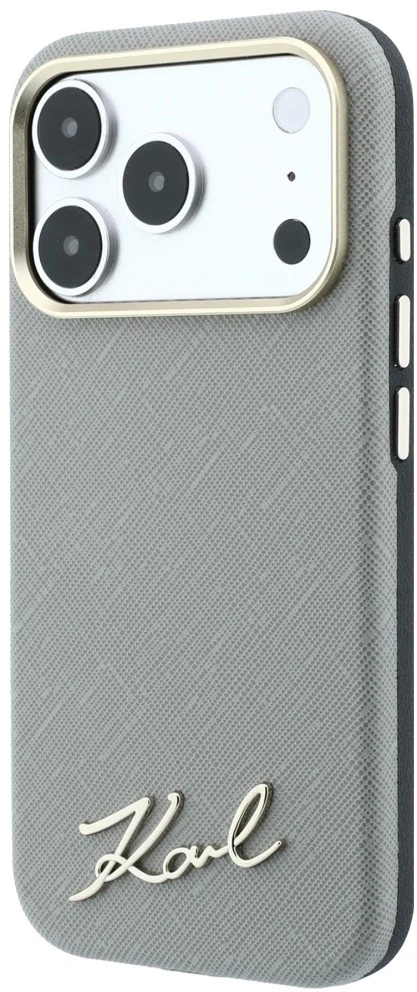 Karl Lagerfeld Saffiano Small Script Metal Logo MagSafe dėklas iPhone 17 Pro Max / 18 Pro Max - rusvai gelsvas