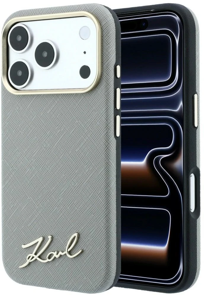 Karl Lagerfeld Saffiano Small Script Metal Logo MagSafe dėklas iPhone 17 Pro Max / 18 Pro Max - rusvai gelsvas