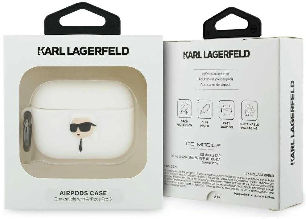 Karl Lagerfeld silikoninis Karl Head 3D dėklas AirPods Pro 3 ausinėms - Baltas