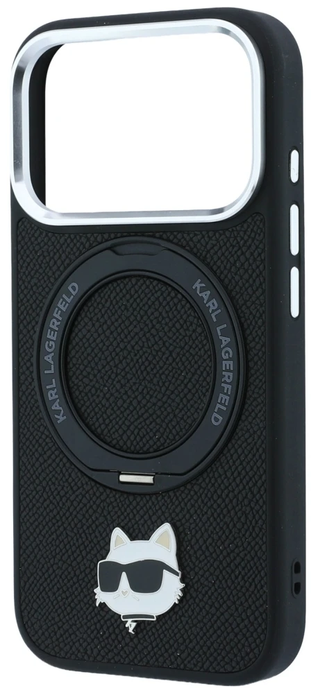 Dėklas Karl Lagerfeld with Ring Stand 360 Choupette Head Pin MagSafe Case for iPhone 18 Pro / 17 Pro - Juodas