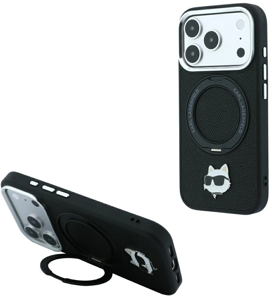 Dėklas Karl Lagerfeld with Ring Stand 360 Choupette Head Pin MagSafe Case for iPhone 18 Pro / 17 Pro - Juodas