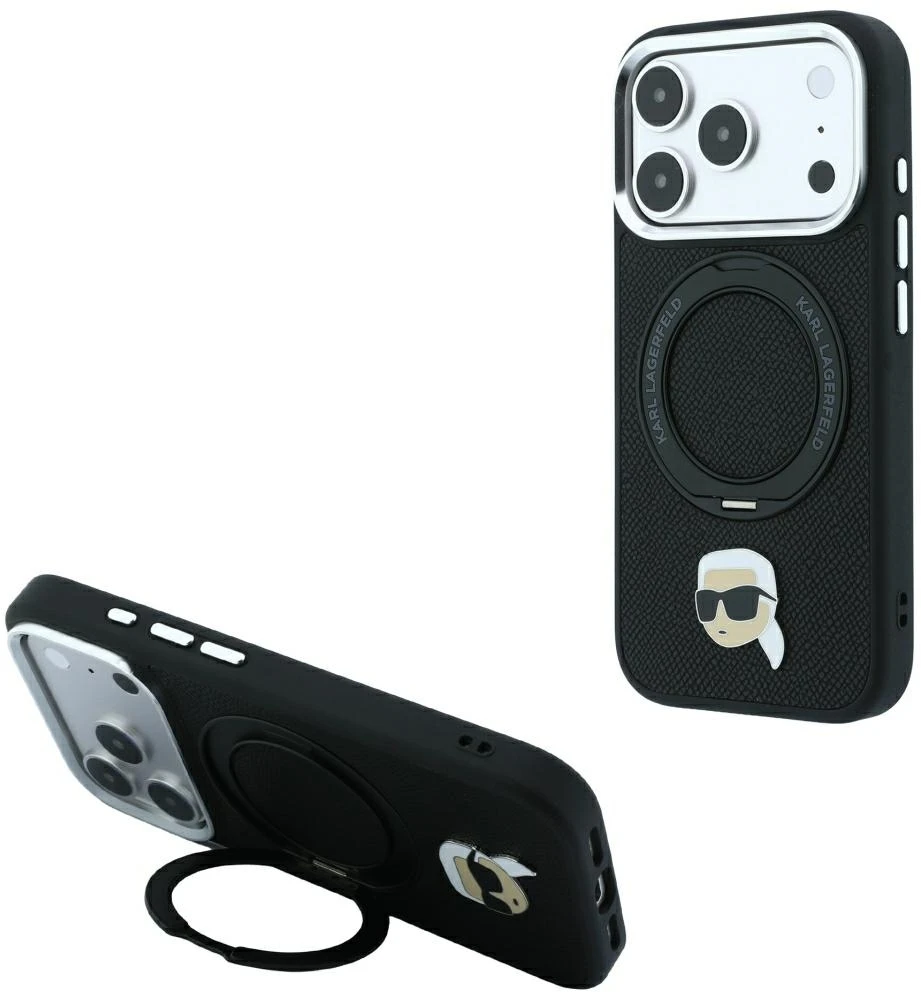 Dėklas Karl Lagerfeld with Ring Stand 360 Karl Head Pin MagSafe Case for iPhone 18 Pro / 17 Pro - Juodas