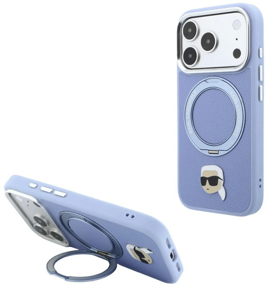 Karl Lagerfeld su žiediniu stovu 360 Karl Head Pin MagSafe dėklas iPhone 18 Pro Max / 17 Pro Max - Šviesiai mėlyna