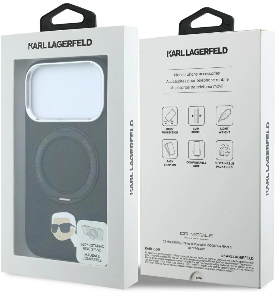 Karl Lagerfeld su žiedu-stovu 360 Karl Head Pin MagSafe dėklas iPhone 18 Pro Max / 17 Pro Max - Juodas