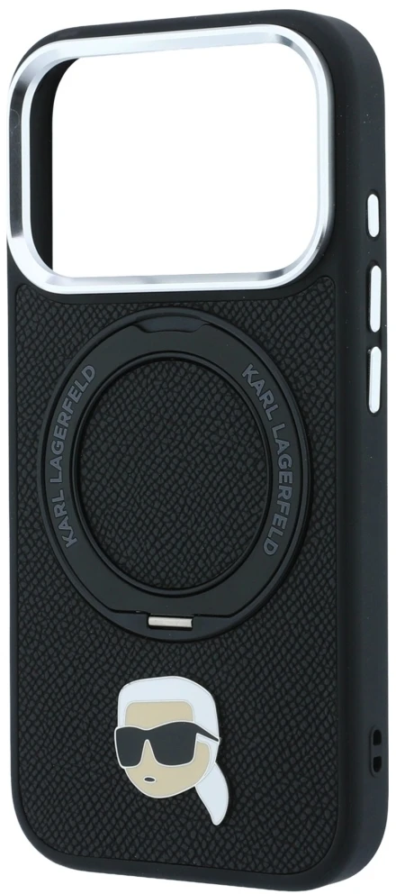 Dėklas Karl Lagerfeld with Ring Stand 360 Karl Head Pin MagSafe Case for iPhone 18 Pro / 17 Pro - Juodas