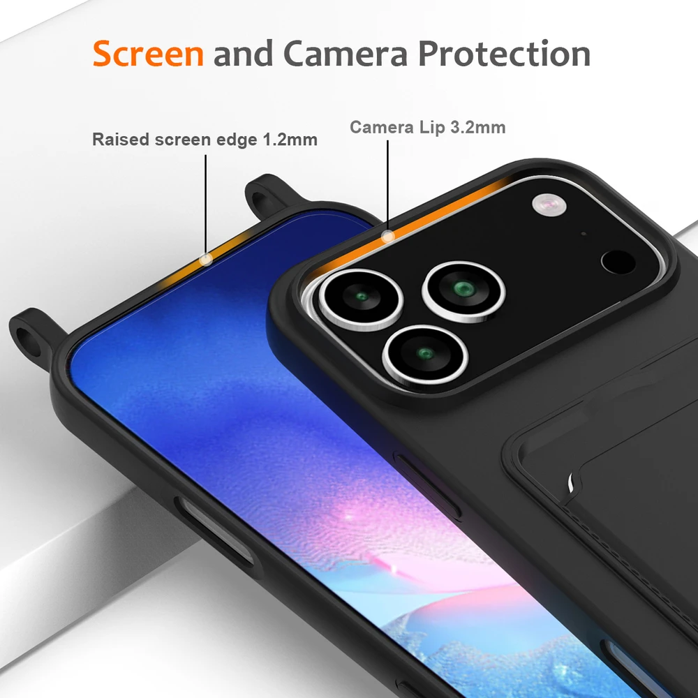 Marka Niezdefiniowana - Dėklas skirtas iPhone 18 Pro / 17 Pro su skysčio silikono kortelių laikikliu ir pakabuku - Juodas