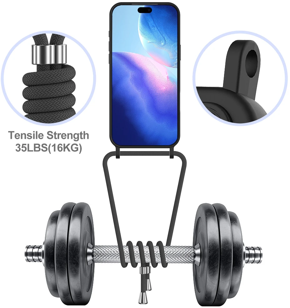 Marka Niezdefiniowana - Dėklas su kortelių laikikliu ir virvele iPhone 18 Pro Max / 17 Pro Max telefonui iš skysto silikono – Juodas