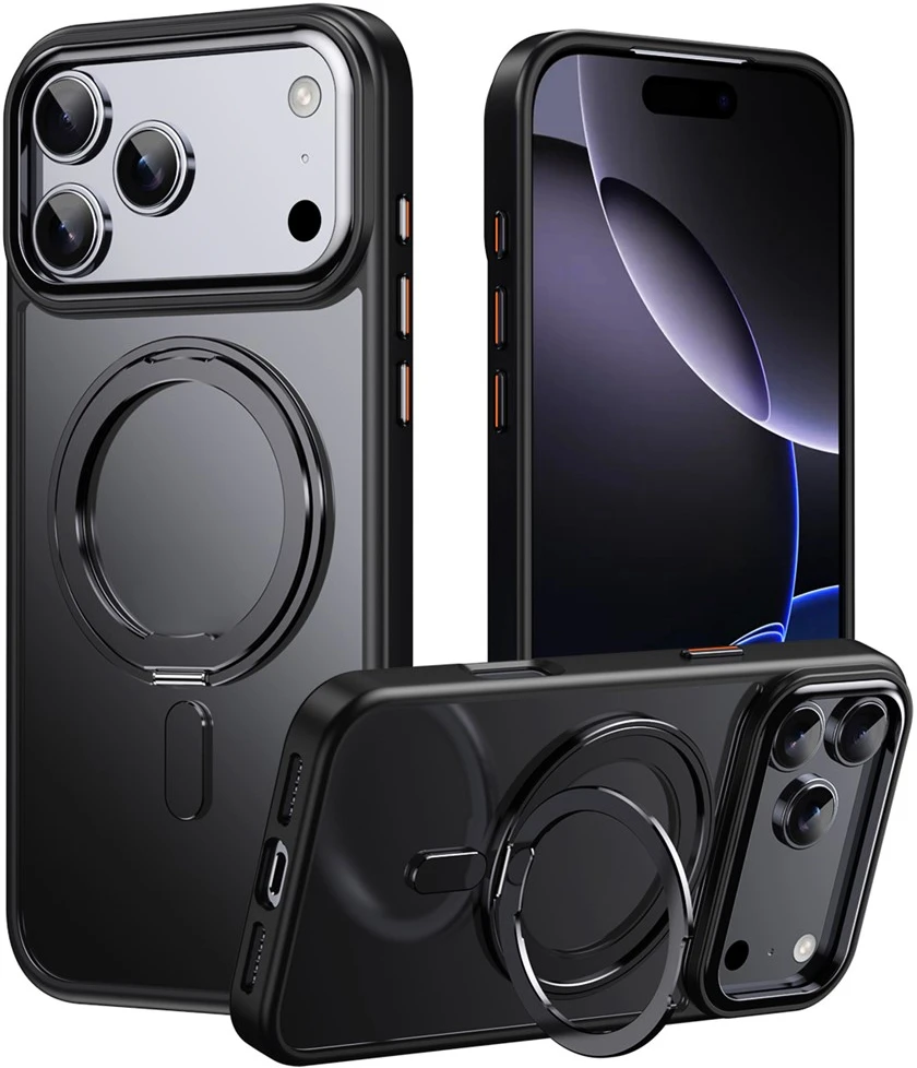 Marka Niezdefiniowana - Magnetinis dėklas su besisukančiu stovu iPhone 18 Pro / 17 Pro TPU akrilas MagSafe – juodas