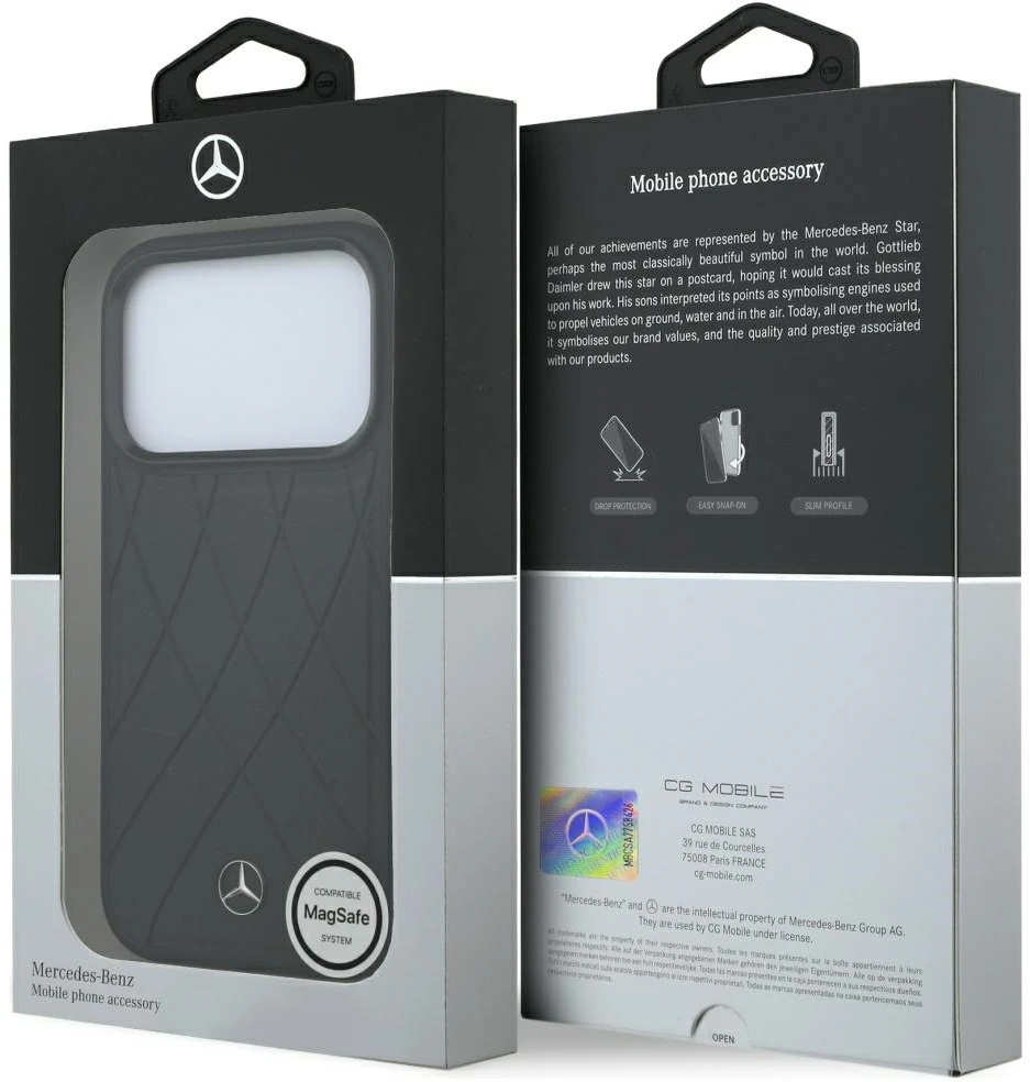 Dėklas Mercedes Leather Crossed Lines MagSafe skirtas iPhone 18 Pro /17 Pro juodas