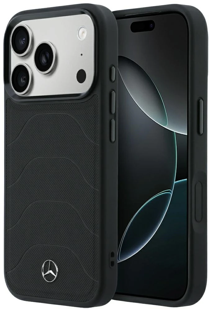 Dėklas Mercedes Leather Mesh with Bow Line MagSafe Case for iPhone 18 Pro Max / 17 Pro Max - Juodas
