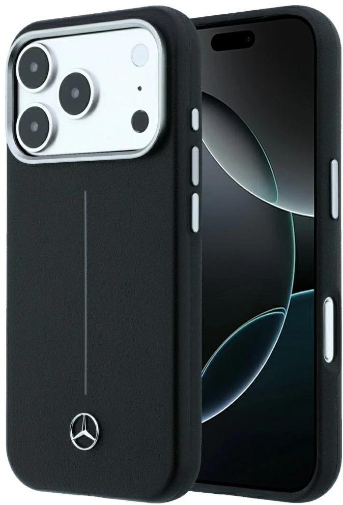 Dėklas Mercedes Leather Semi Wrap Iconic Line MagSafe Case for iPhone 18 Pro / 17 Pro - Juodas