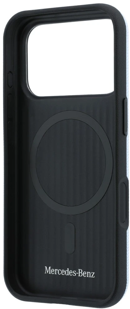 Dėklas Mercedes Leather Semi Wrap Wood Effect MagSafe skirtas iPhone 18 Pro / 17 Pro mėlynas
